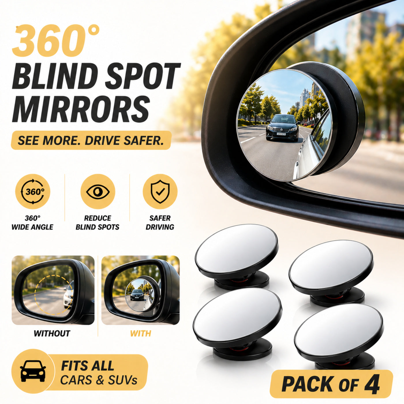 360° Wide Angle Blind Spot Mirrors for Cars & SUVs – Easy Stick-On (Pack of 4)