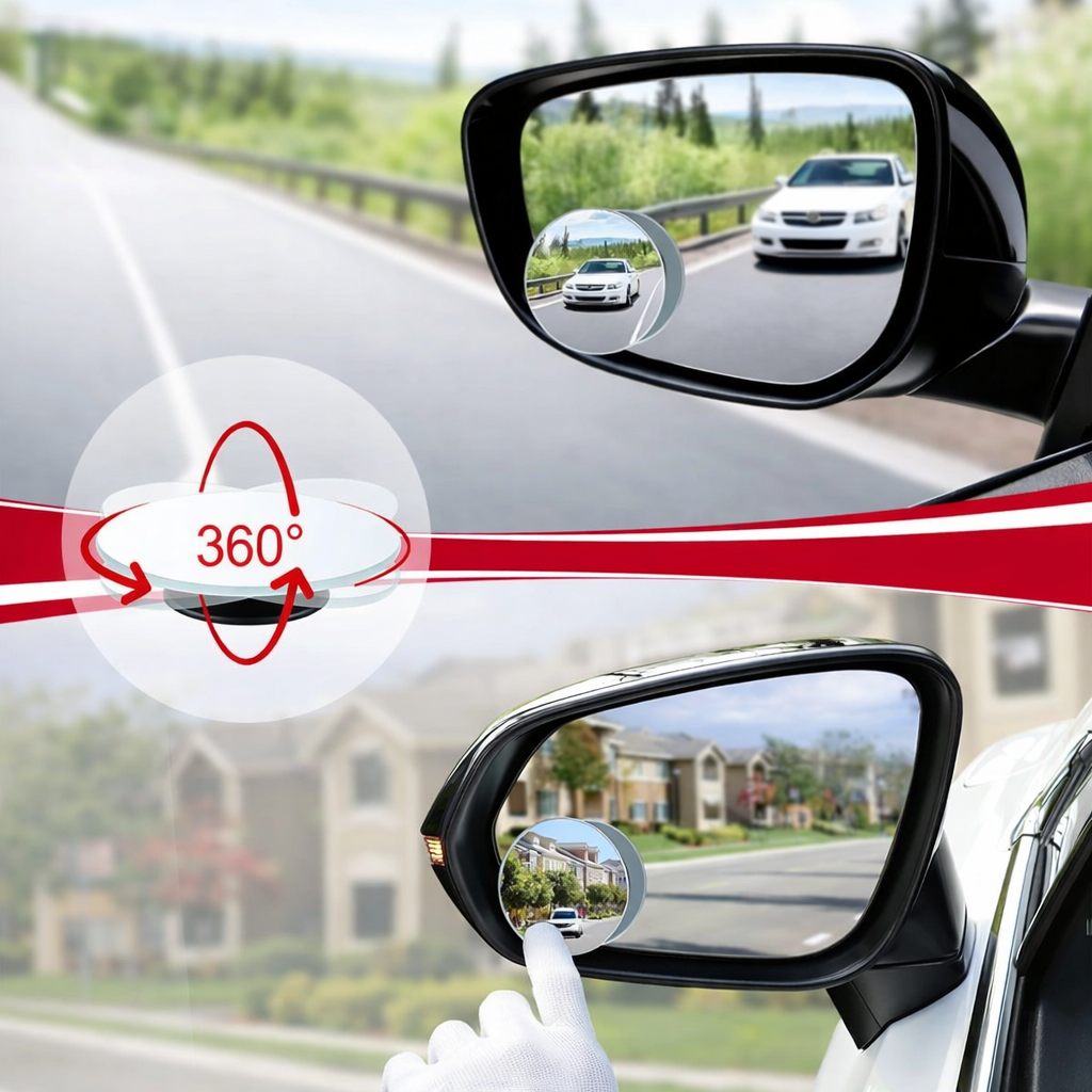360° Wide Angle Blind Spot Safety Mirror for Cars & SUVs – Easy Stick-On (Pack of 4)